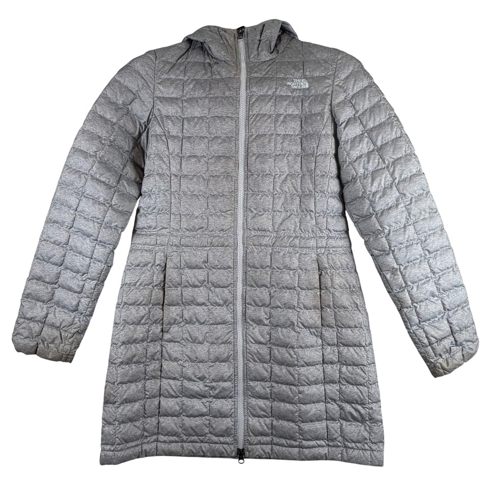 The North Face Women's Small ThermoBall Parka Gray Quilted Hooded Long Jacket